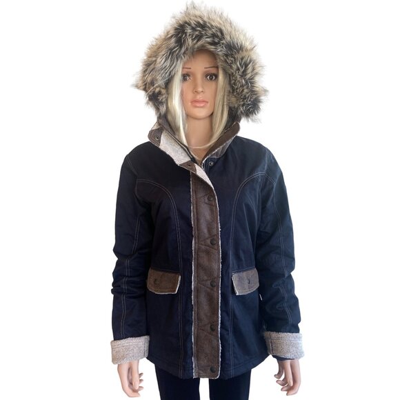NWT Kuhl Arktik Waxed Jacket L Faux Fur Sherling Fleece Hooded Raven $349 Black - Picture 5 of 17